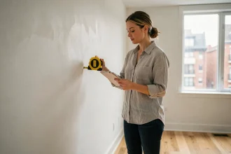 Femme mesurant la longueur d'un mur dans une pièce vide avec un mètre ruban jaune et un bloc-notes