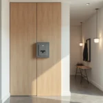 Meuble cache compteur électrique mal intégré dans une entrée moderne avec panneau en bois non fini trop large