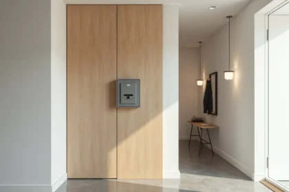 Meuble cache compteur électrique mal intégré dans une entrée moderne avec panneau en bois non fini trop large