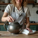 Femme nettoyant une théière en argent très ternie avec un chiffon doux dans une cuisine rustique