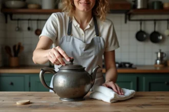 Femme nettoyant une théière en argent très ternie avec un chiffon doux dans une cuisine rustique