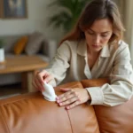 Femme appliquant du lait démaquillant sur un canapé en cuir caramel avec un coton