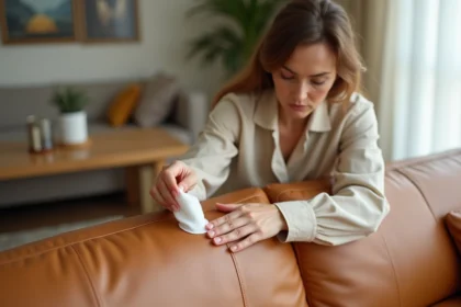 Femme appliquant du lait démaquillant sur un canapé en cuir caramel avec un coton