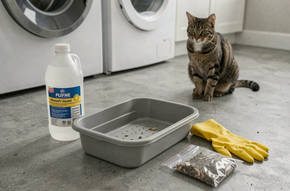 Bac à litière ouvert avec gants de nettoyage, vinaigre blanc et sac de déchets pour traiter une infestation de pupes de mouches