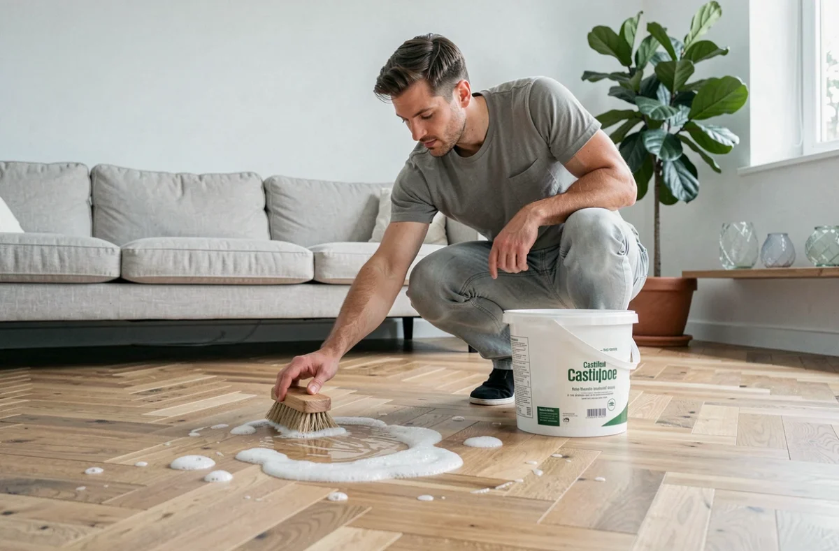 Homme réalisant le nettoyage écologique d'un parquet en bois avec une brosse végétale et du savon naturel dans un salon minimaliste