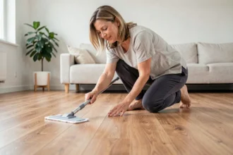 Femme nettoyant un parquet stratifié avec un balai à plat microfibre dans un salon moderne au style scandinave