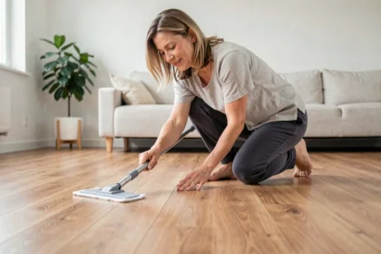 Femme nettoyant un parquet stratifié avec un balai à plat microfibre dans un salon moderne au style scandinave