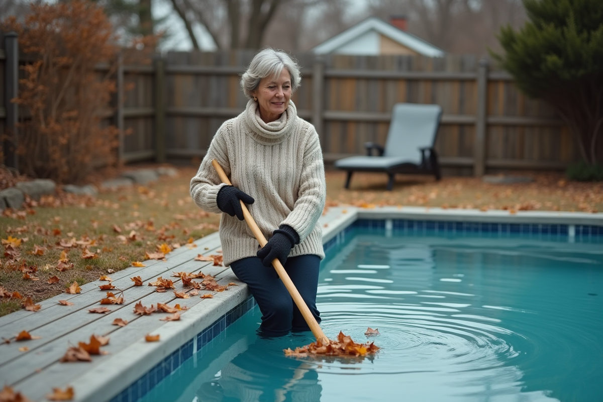 Femme en hiver nettoyant une piscine avec un filet