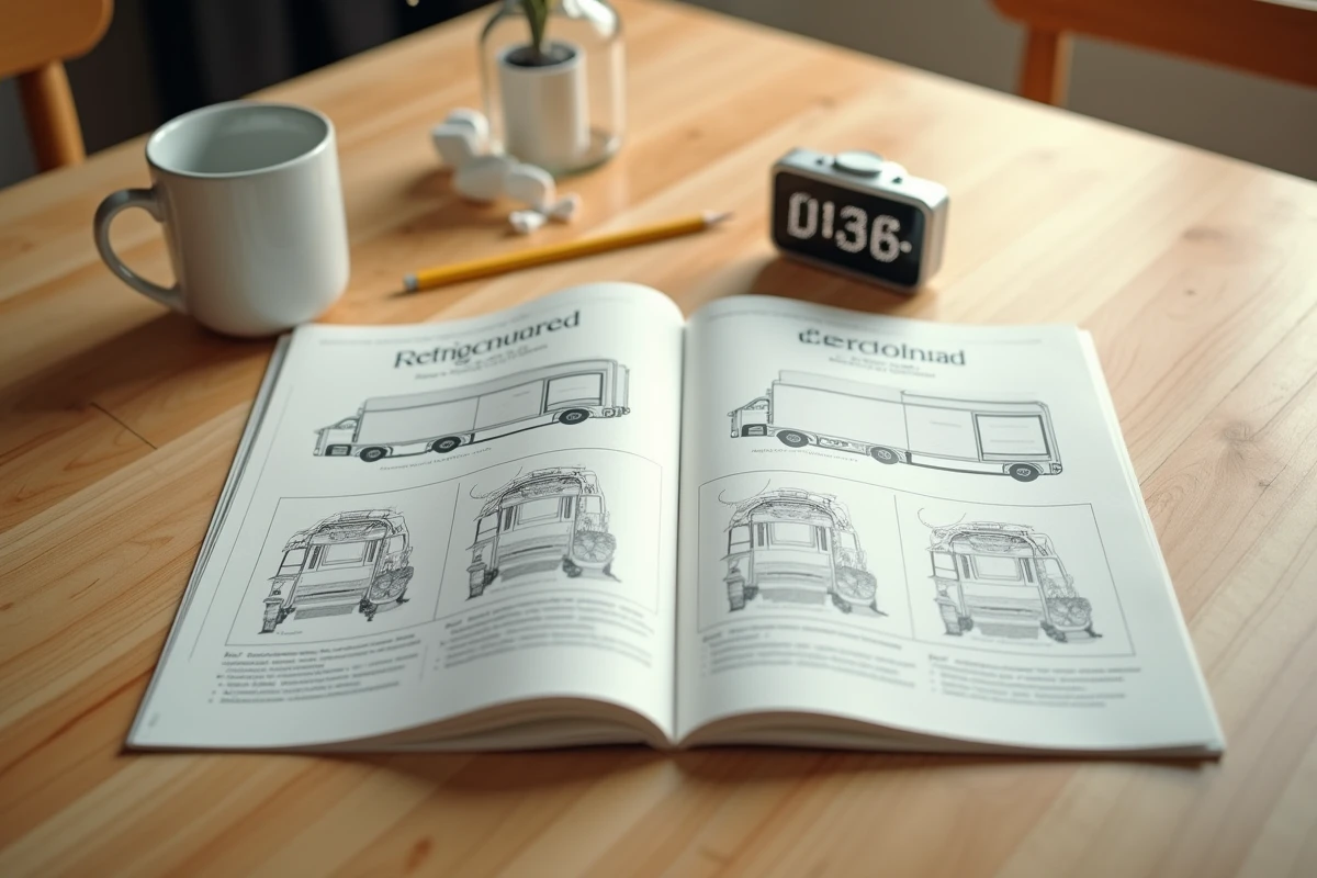 Notice constructeur d'un réfrigérateur ouverte sur un tableau indiquant le délai d'attente après transport couché