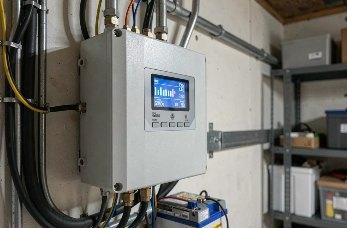Onduleur hybride solaire avec écran de contrôle installé dans un garage résidentiel avec câblage et batterie de stockage