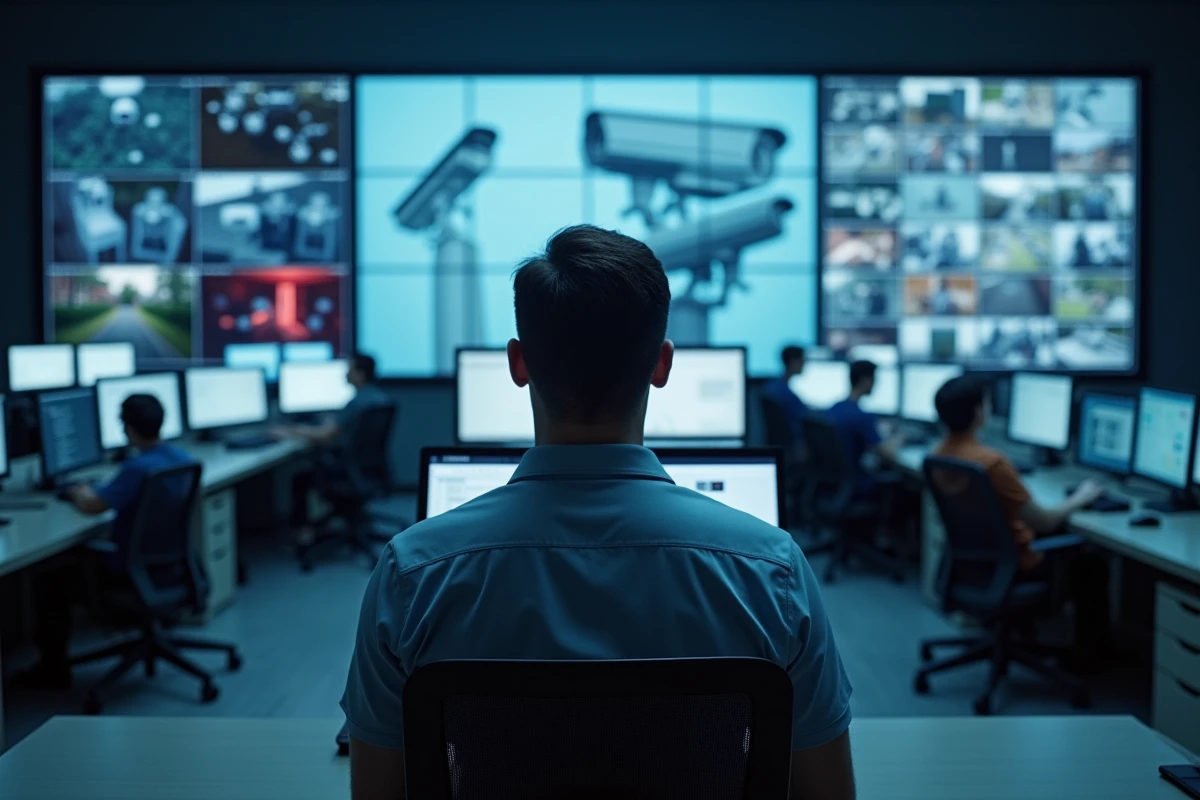 Opérateur de télésurveillance professionnel surveillant des flux vidéo en temps réel dans un centre de contrôle sécurisé