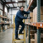 Professionnel organisant des stocks sur des rayonnages métalliques industriels dans un entrepôt structuré à Bordeaux
