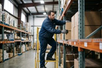 Professionnel organisant des stocks sur des rayonnages métalliques industriels dans un entrepôt structuré à Bordeaux