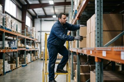 Professionnel organisant des stocks sur des rayonnages métalliques industriels dans un entrepôt structuré à Bordeaux
