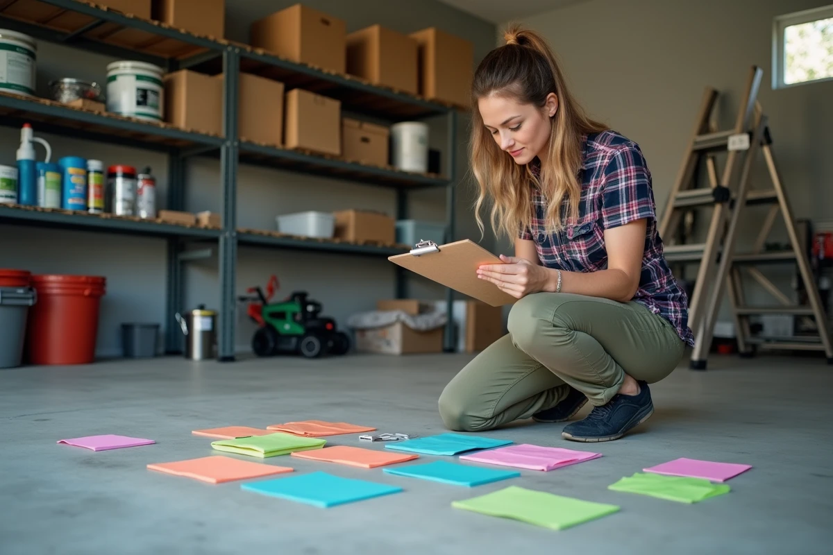 Femme organisant les zones de tri dans un garage pour un débarras méthodique et sans stress