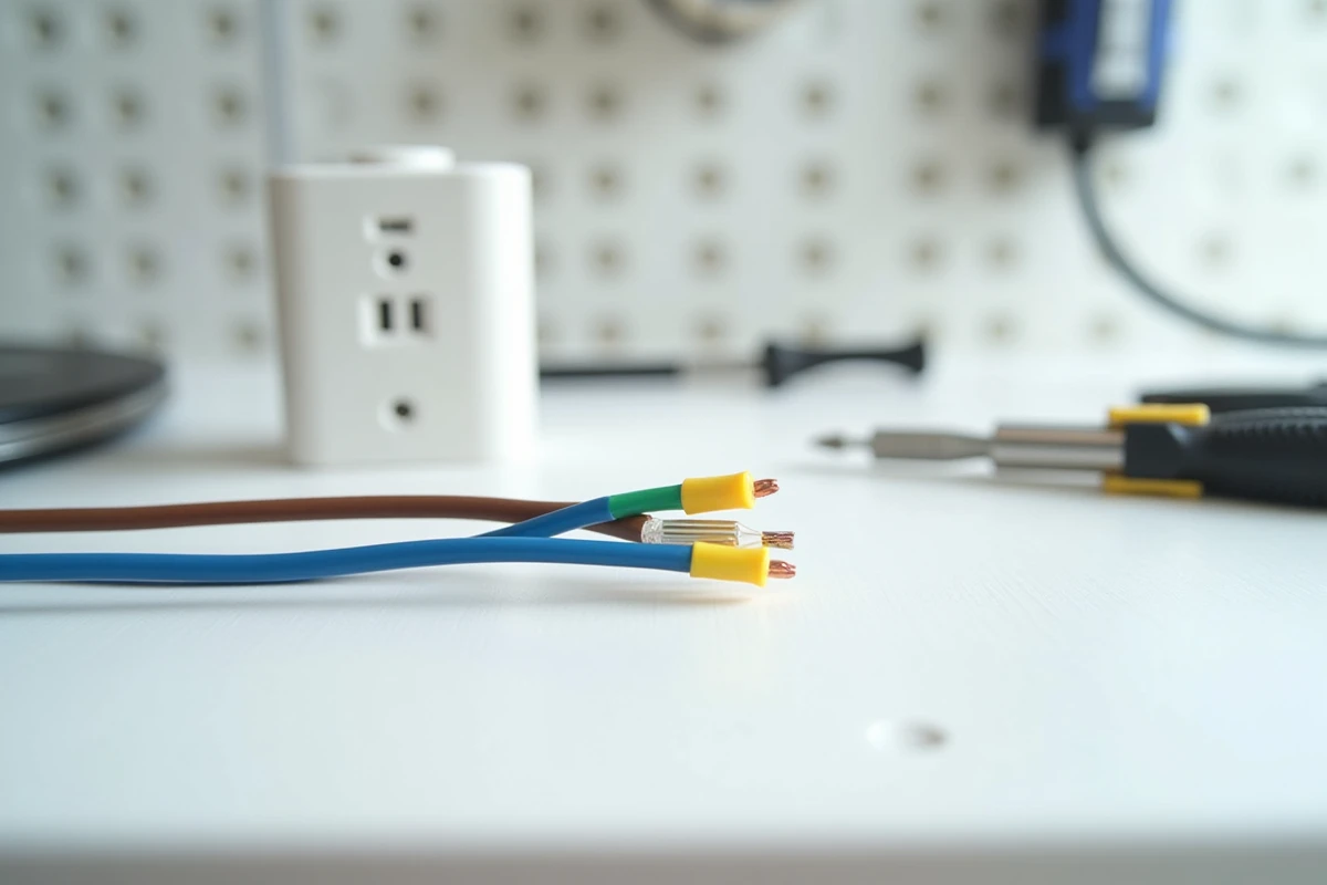 Outils et matériel nécessaires pour le branchement d'une prise 3 fils : fils électriques, tournevis et prise murale démontée