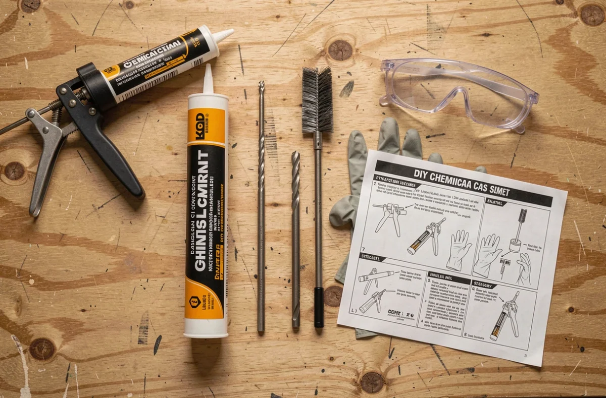 Vue de dessus des outils nécessaires pour utiliser le ciment chimique en bricolage : cartouche, pistolet, gants et lunettes de protection