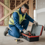 Ouvrier de construction en tenue de sécurité organise ses outils