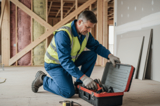 Ouvrier de construction en tenue de sécurité organise ses outils