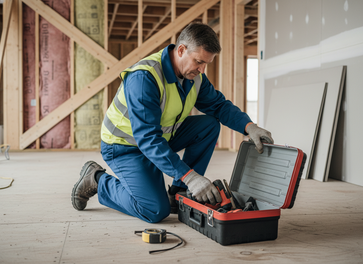 Ouvrier de construction en tenue de sécurité organise ses outils