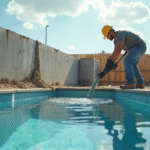 Ouvrier versant du béton pour la fondation de la piscine