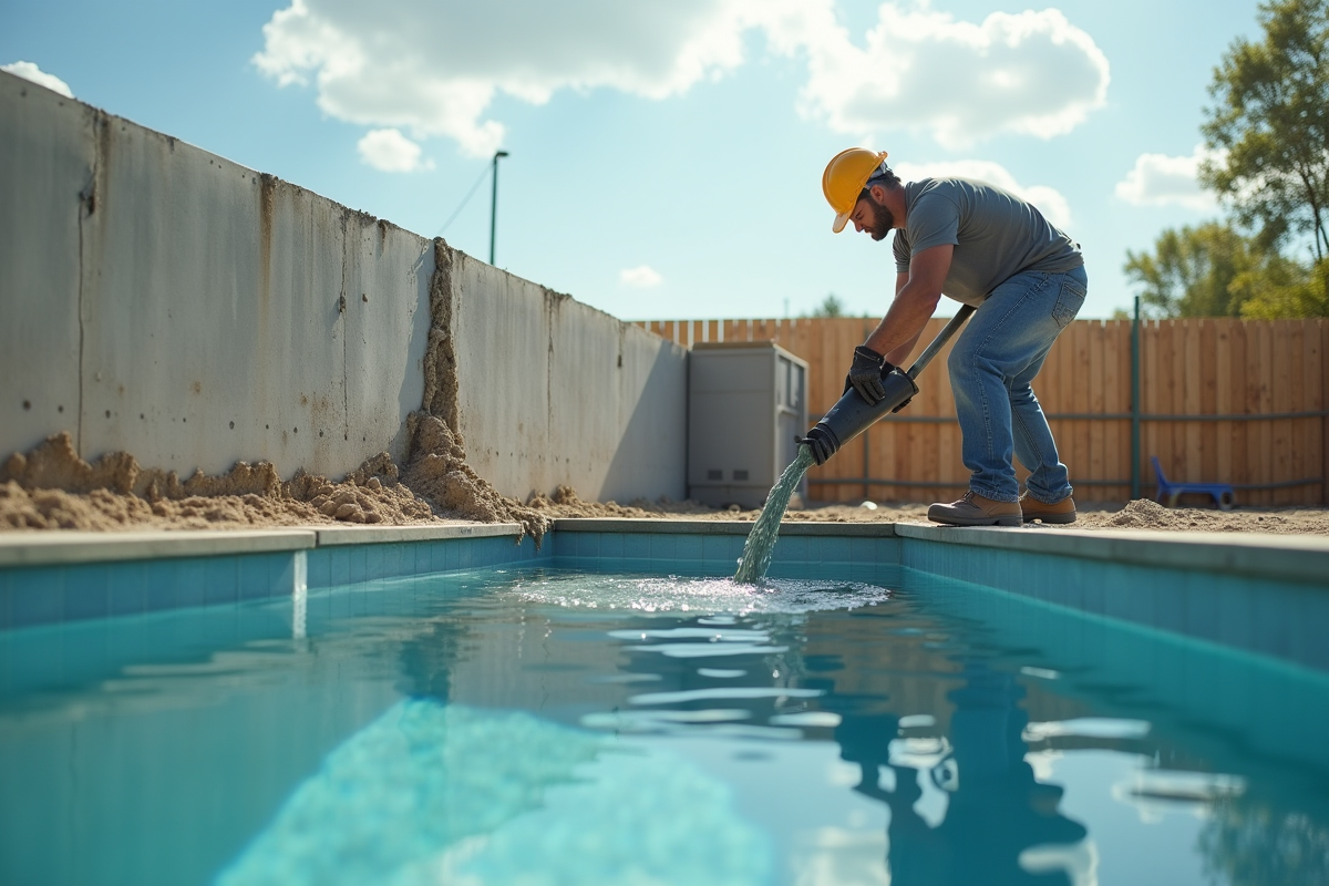 Ouvrier versant du béton pour la fondation de la piscine