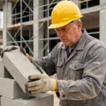 Ouvrier du bâtiment posant des parpaings de 20 cm sur un chantier de construction résidentiel