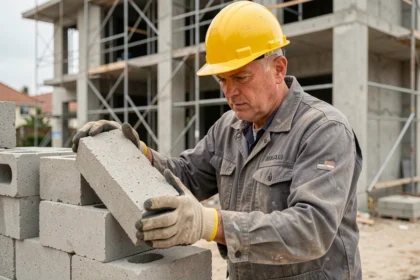 Ouvrier du bâtiment posant des parpaings de 20 cm sur un chantier de construction résidentiel