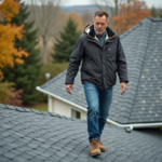 Homme d'âge moyen sur un toit en shingle en train de marcher
