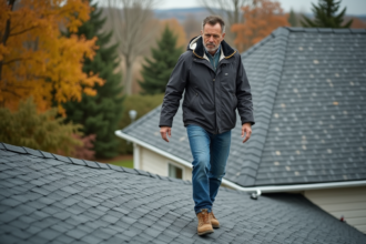 Homme d'âge moyen sur un toit en shingle en train de marcher