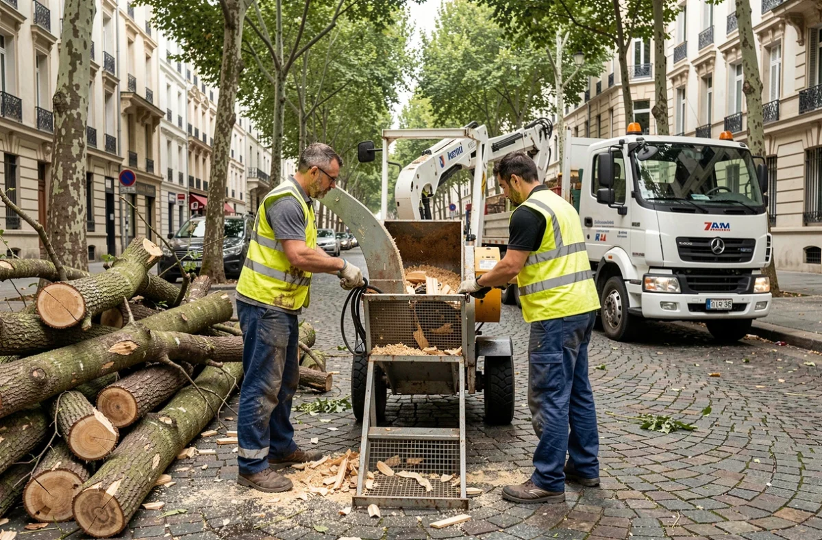 Deux ouvriers en sécurité utilisant un broyeur de branches après une opération d'élagage en milieu urbain