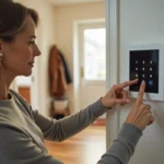 Femme utilisant un panneau de contrôle d'alarme Verisure installé dans l'entrée d'une maison moderne