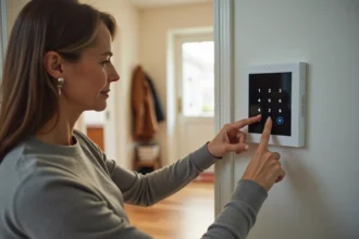 Femme utilisant un panneau de contrôle d'alarme Verisure installé dans l'entrée d'une maison moderne