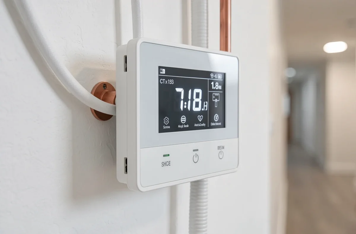 Panneau de commande numérique d'une pompe à chaleur De Dietrich HPI Evolution fixée sur un mur intérieur