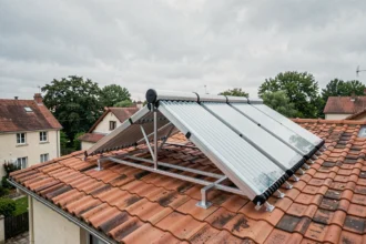 Installation de panneaux solaires thermiques à tubes sous vide sur un toit en tuiles d'une maison individuelle en France