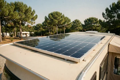 Panneau solaire monocristallin installé sur le toit d'une caravane beige dans un camping entouré de pins