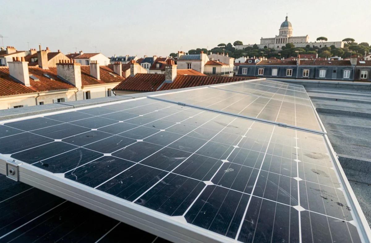 Gros plan sur des panneaux solaires monocristallins installés sur un toit plat à Marseille avec vue sur Notre-Dame de la Garde