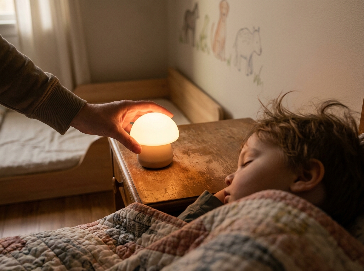 Main de parent posant une veilleuse portative près d'un enfant endormi la nuit