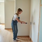 Femme en overalls peignant un mur intérieur de maison moderne