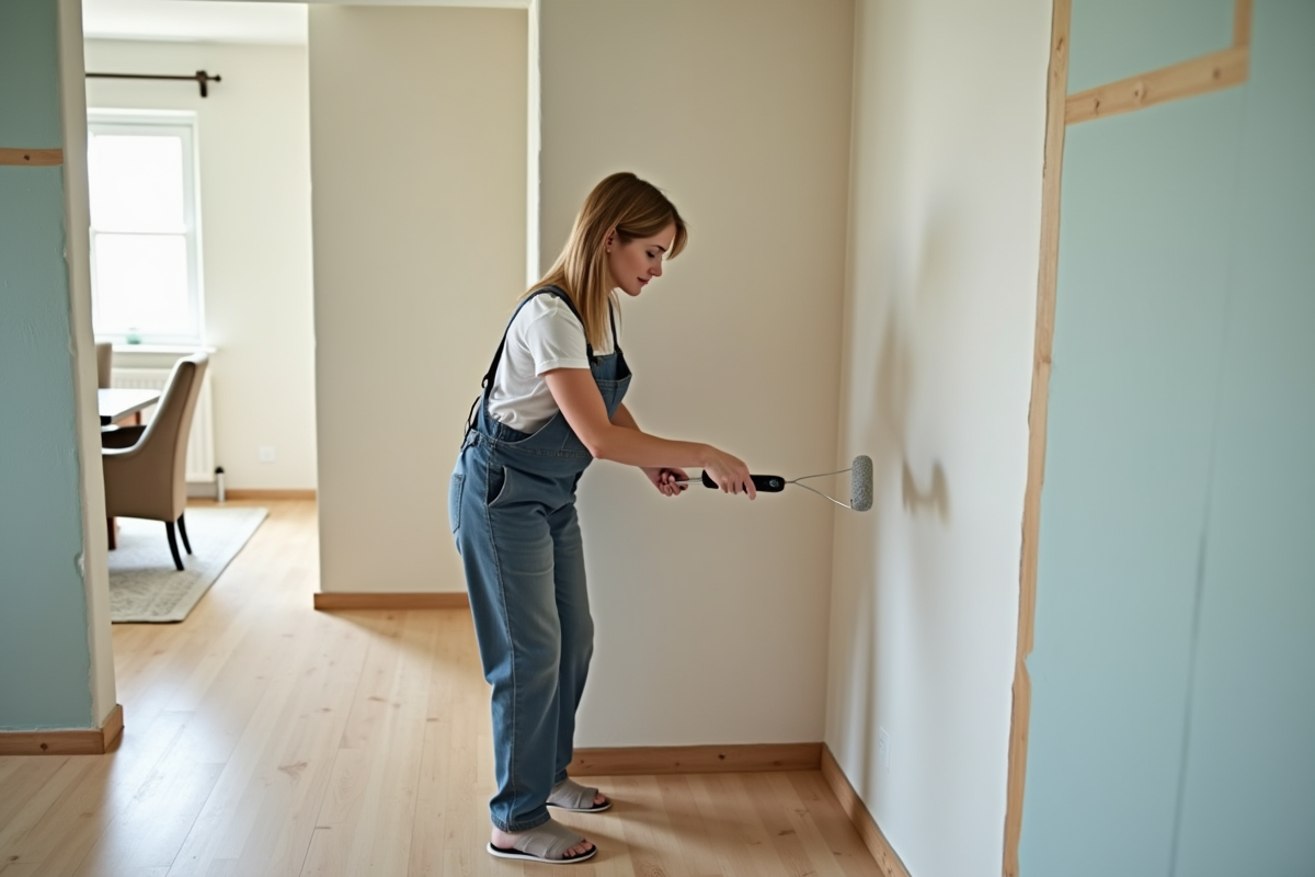 Femme en overalls peignant un mur intérieur de maison moderne