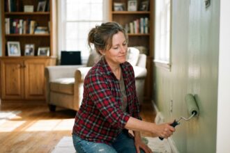 Femme peignant un mur dans un salon cosy