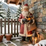 Père Noël décoratif en bois rustique placé dans un jardin de chalet de montagne enneigé avec lanterne et sapins alpins