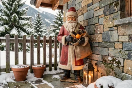 Père Noël décoratif en bois rustique placé dans un jardin de chalet de montagne enneigé avec lanterne et sapins alpins