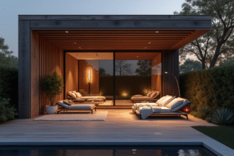 Pergola moderne avec mobilier lounge et éclairage doux