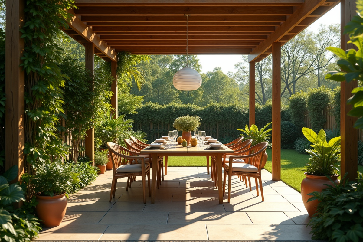 Patio ensoleille avec table de repas et plantes vertes