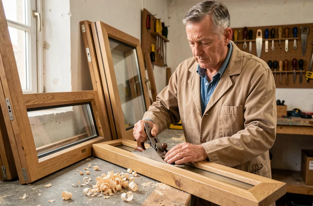 Artisan menuisier Pernin Menuiseries rabotant un cadre en chêne dans son atelier à Saint-Maur