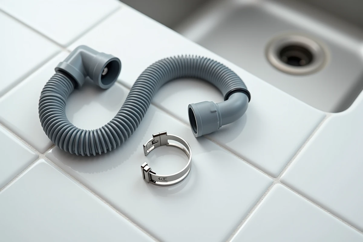 Raccords et pièces détachées pour réparation de fuite d'évacuation lave-vaisselle posés sur carrelage blanc