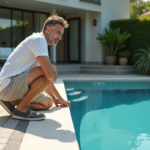 Homme d'âge moyen près de la piscine en été