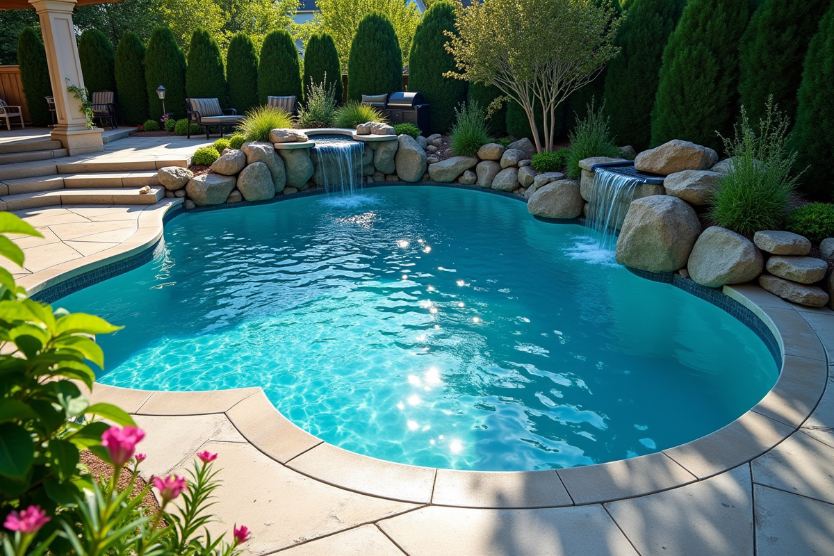 Piscine enterrée avec eau brillante et végétation environnante