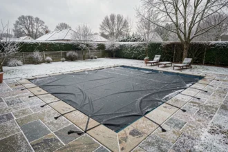 Piscine rectangulaire recouverte d'une bâche d'hivernage sombre en hiver